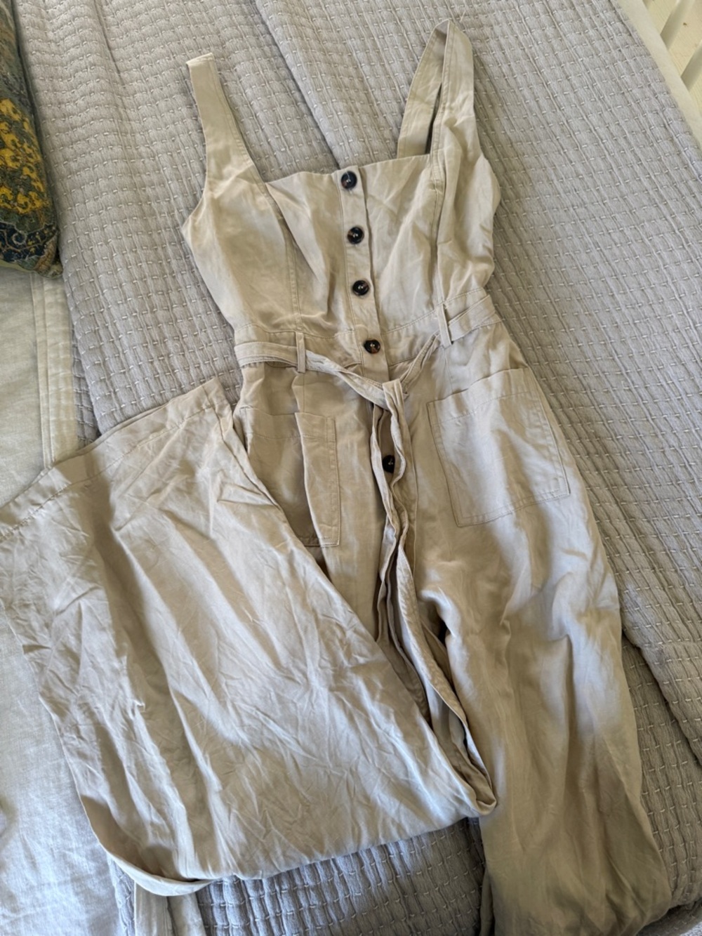 ASTER the Label Linen-Blend Beige Button-Front Jumpsuit